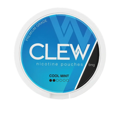 CLEW cool mint nicotine pouches container with blue and white design on a white background