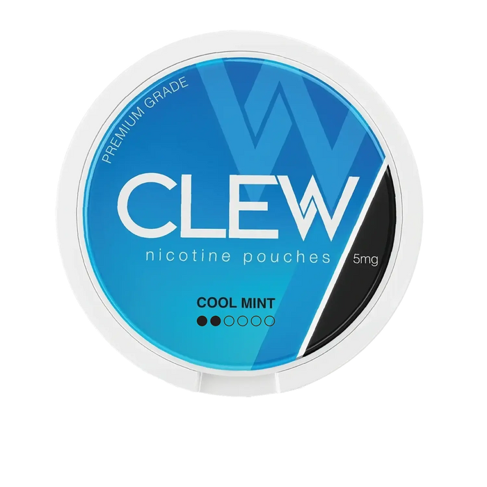 CLEW cool mint nicotine pouches container with blue and white design on a white background